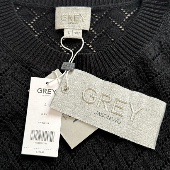 GREY Jason Wu Women's Sweater Large Black Open Knit Long Sleeve Cropped Top - Picture 7 of 10